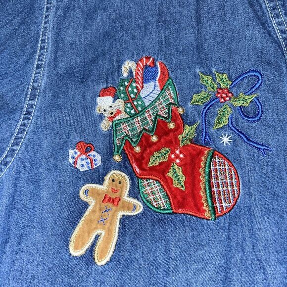 Women's Bobbie Brooks Christmas Embroidered Denim Jean Shirt Size L - Picture 2 of 5